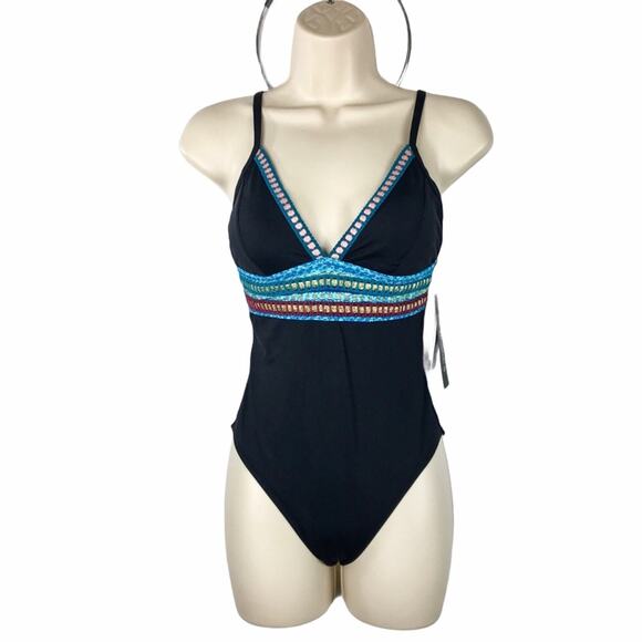 La Blanca NWT One Piece Boho Swimsuit Black & Blue Stitch Size 4 - Picture 6 of 11